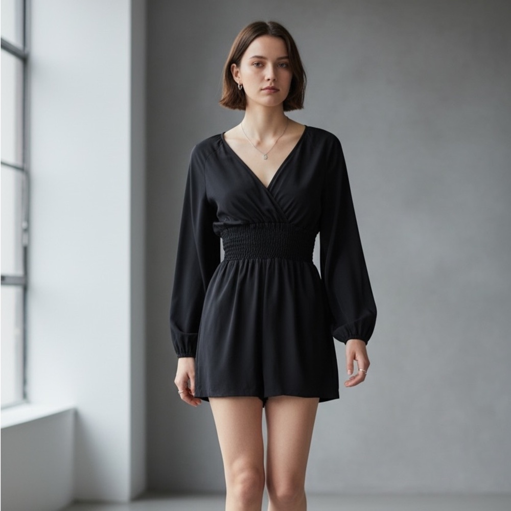 Black Long Sleeve Romper Haddudyi V-Neck Smocked Romper with Pockets